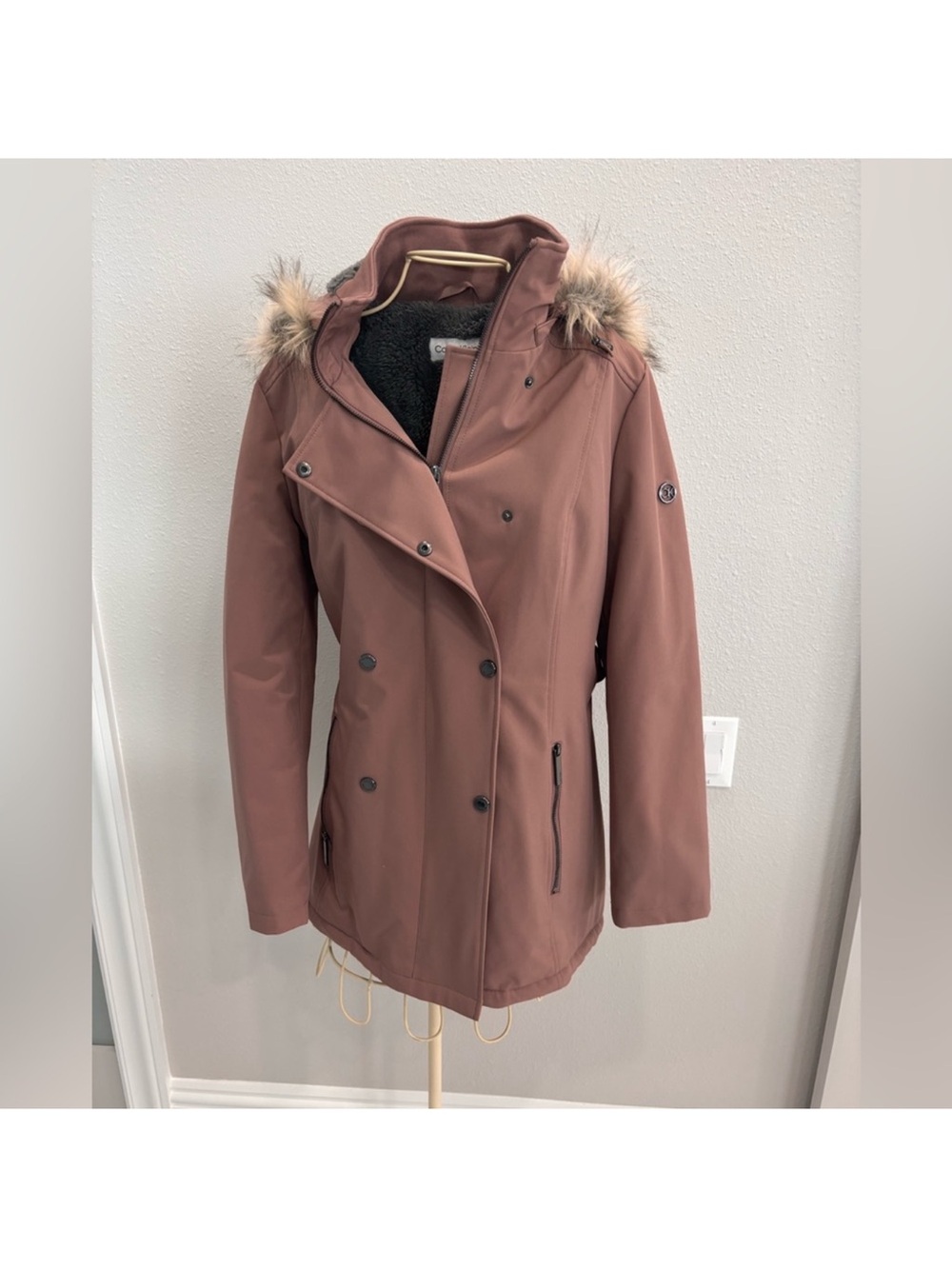 Calvin Klein Women's Faux-Fur Trim Hooded Parka Belted Jacket - Dusty Rose